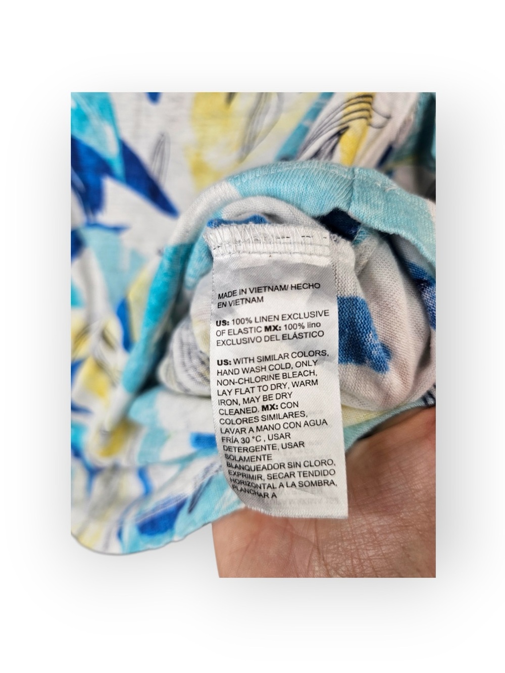 Chico's 100% Linen Leaf Print Flutter Sleeve Top Blue Yellow White Size 3 XL - Picture 5 of 6